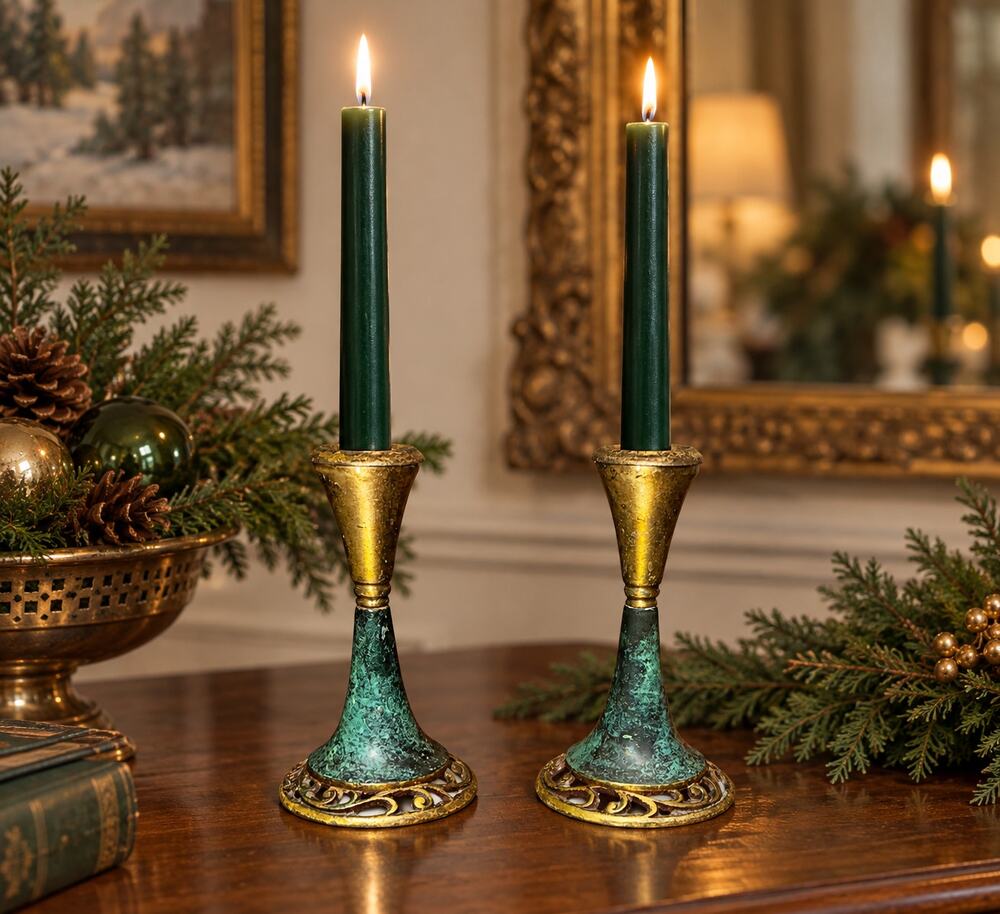 Vintage Oppenheim Israel Brass Candlesticks Turquoise Enamel Judaica Pair